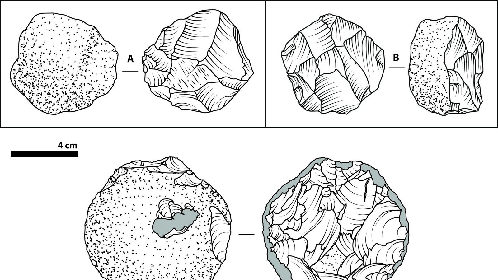 Die 2,6 Millionen Jahre alten (links oben) und die 1,7 Millionen Jahre alten (rechts oben) Steinwerkzeuge der Oldowan-Zeit ähneln durchaus denen aus dem Experiment im 21. Jahrhundert (unten).Foto: Uni Tübingen/William D. Snyder