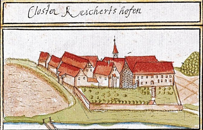 Ein Bild des Klosters Rechentshofen aus dem Forstlagerbuch des Andreas Kieser um 1685.  Foto: Hauptstaatsarchiv Stuttgart