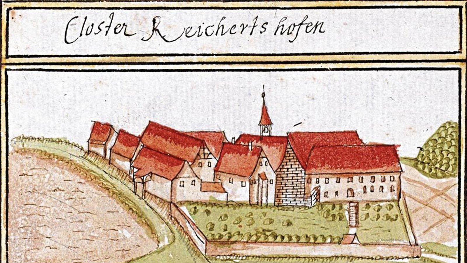 Ein Bild des Klosters Rechentshofen aus dem Forstlagerbuch des Andreas Kieser um 1685. Foto: Hauptstaatsarchiv Stuttgart Ein Bild des Klosters Rechentshofen aus dem Forstlagerbuch des Andreas Kieser um 1685. Foto: Hauptstaatsarchiv Stuttgart