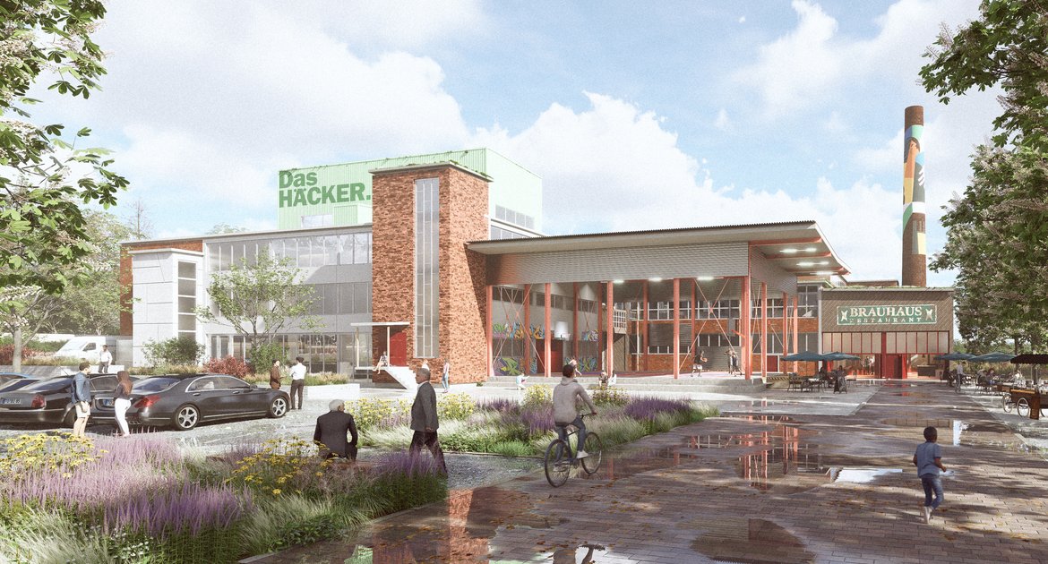 mögliche Umnutzung Häcker-Areal nach der Gartenschau Gewerbe Kunst Kultur Sport Gastronomie Frontansicht mit Schornstein Foto: Verein Häcker-Areal-Initiative e.V. 