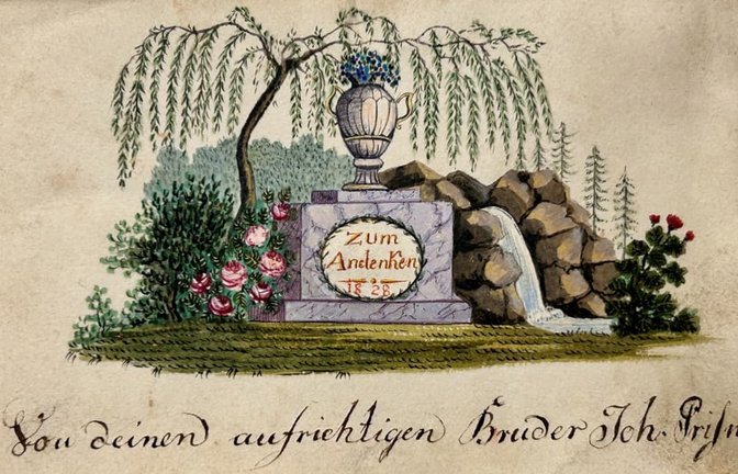 Album amicorum mit einem sogenannten Freundschaftsaltar, einem typischen Motiv des 19. Jahrhunderts, und der Widmung: Von deinem Bruder Joh.[ann] Prißner.<span class='image-autor'>Kathrin Horster</span>