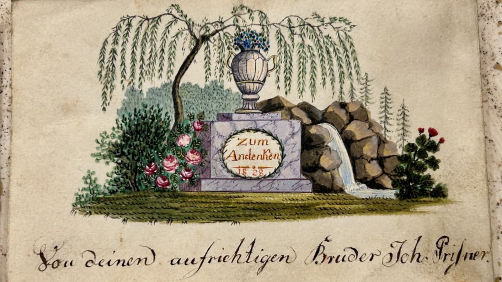 Album amicorum mit einem sogenannten Freundschaftsaltar, einem typischen Motiv des 19. Jahrhunderts, und der Widmung: Von deinem Bruder Joh.[ann] Prißner.Kathrin Horster