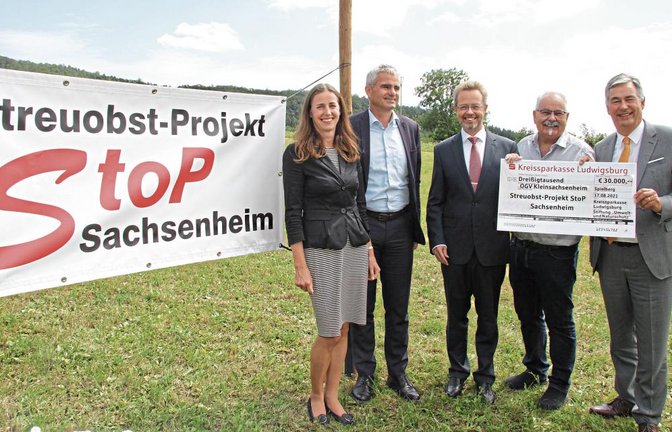 Spendenübergabe auf einer Streuobstwiese bei Spielberg, auf der mithilfe von Stop in den vergangenen Jahren neue Bäume gepflanzt wurden (von links): KSK-Sprecherin Isabel Kurz, Bürgermeister Holger Albrich, KSK-Vorstandsvorsitzender Heinz-Werner Schulte, Thomas Wörner (Vorsitzender OGV Kleinsachsenheim) und Landrat Dietmar Allgaier.  Foto: Banholzer