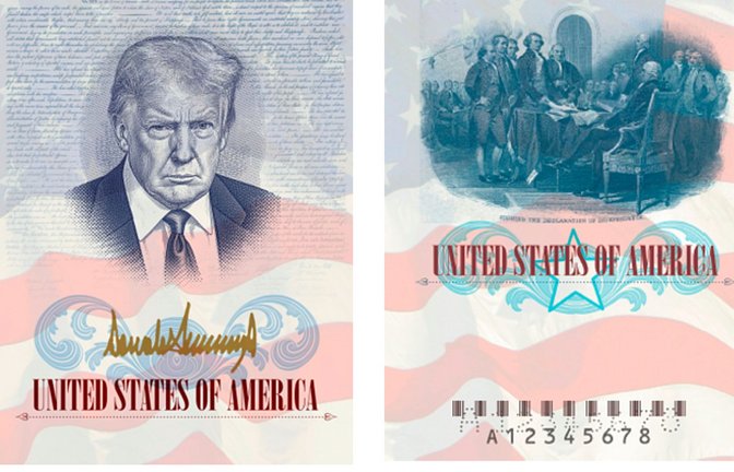 Ein limitierter US-Gedenkpass mit einem Bild von US-Präsident Trump wird vom Außenministerium präsentiert.<span class='image-autor'>Foto: Uncredited/State Department/AP/dpa</span>