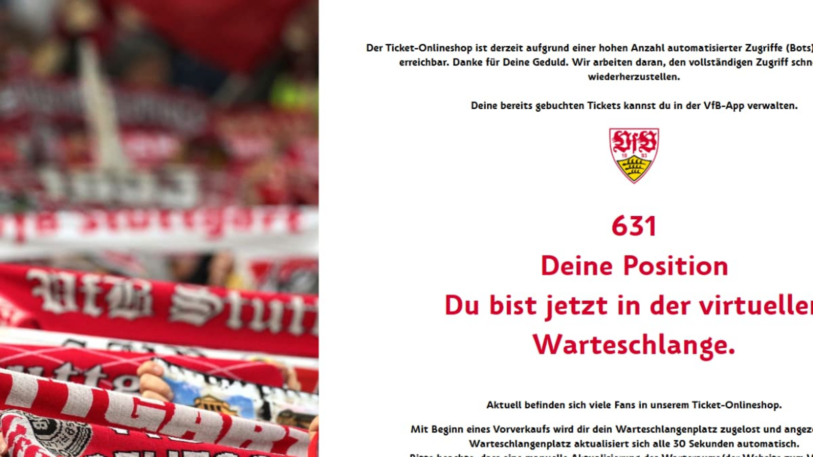 Der Ticketshop des VfB war zeitweise kaum zu erreichen.Screenshot VfB.de Der Ticketshop des VfB war zeitweise kaum zu erreichen.Screenshot VfB.de