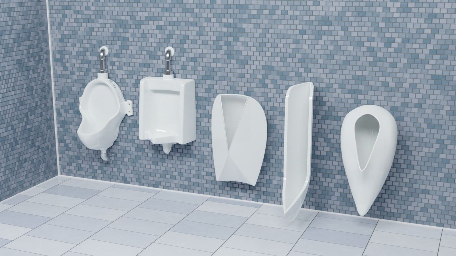 Die Computerdarstellung zeigt zwei Urinale mit traditionellem Design (l.) und drei von den Forschern entworfene Urinale.Foto: University of Waterloo/dpa