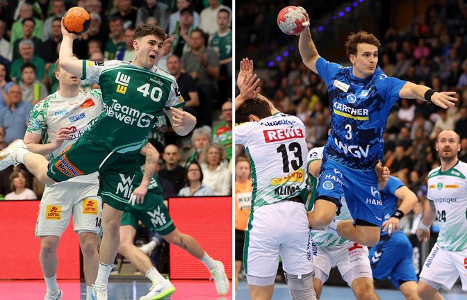 Zwei Spielgestalter mit Drang zum Tor: Elias Newel (FrischAuf Göppingen) und Max Häfner (TVB Stuttgart/re).<span class='image-autor'>Foto: Baumann/Julia Rahn</span>