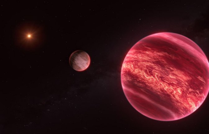 Künstlerische Darstellung des Systems um den Stern CD-35 2722. Das System besteht aus einem Stern, einem Braunen Zwerg und einem Satelliten.<span class='image-autor'>M. Kornmesser/Eso/dpa</span>