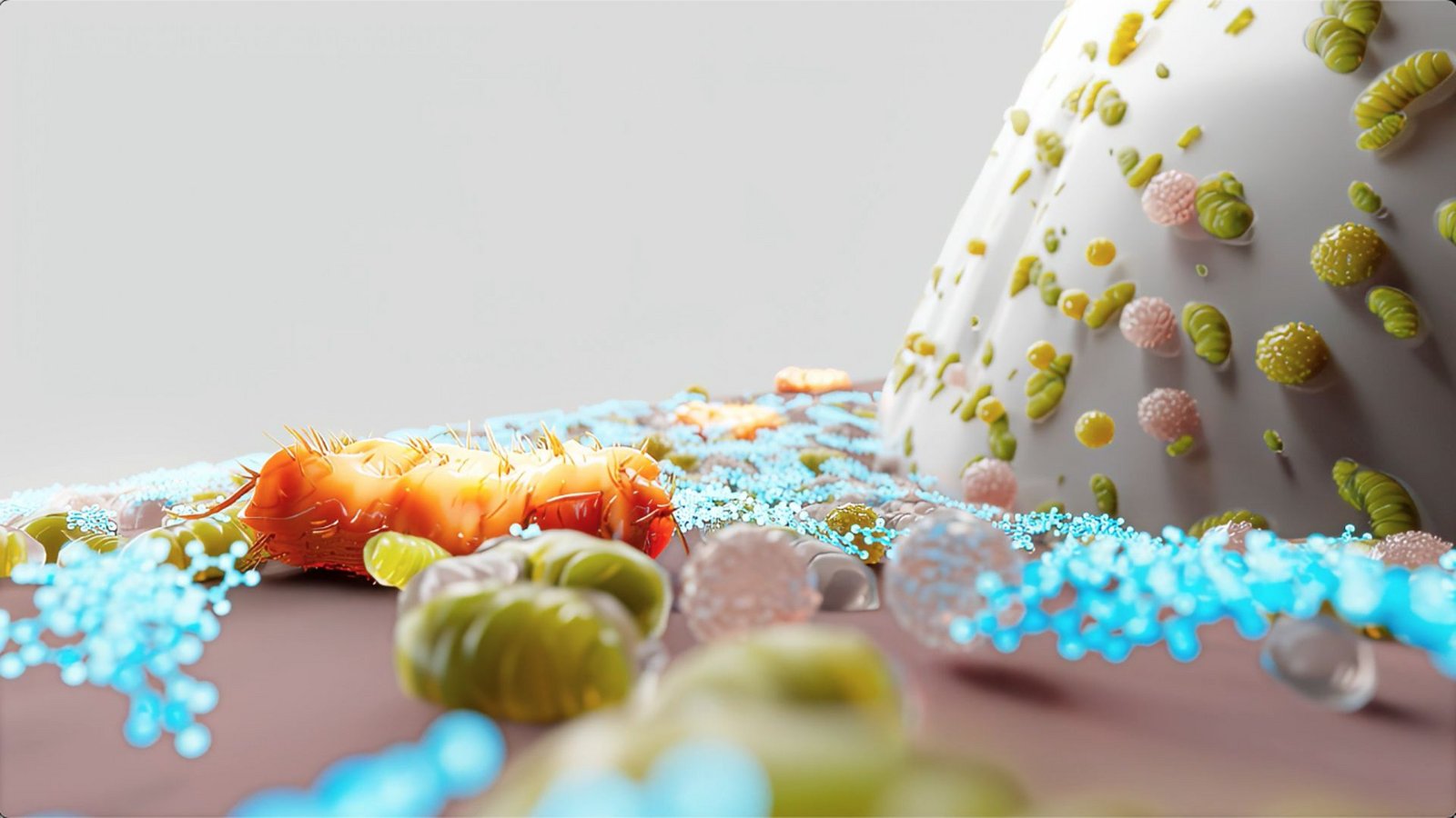 Porphyromonas gingivalis (orange), der Inhaltsstoff (blau) und gesundes Mikrobiom am Übergang von Zahnfleisch zu Zahn.Foto: © PerioTrap Porphyromonas gingivalis (orange), der Inhaltsstoff (blau) und gesundes Mikrobiom am Übergang von Zahnfleisch zu Zahn.Foto: © PerioTrap