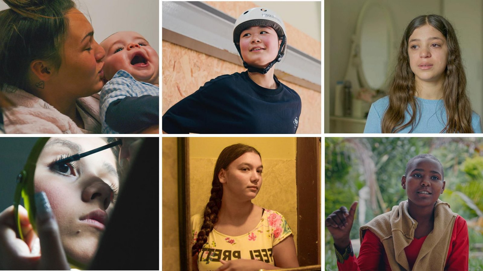 Sechs Mädchen erzählen in „Girls Don’t Cry“ von ihren Ängsten und Hoffnungen – im Uhrzeigersinn: Paige mit Baby, Sinai, Sheelan, Nancy, Nina und Selenna.Foto: Schneegans Production Sechs Mädchen erzählen in „Girls Don’t Cry“ von ihren Ängsten und Hoffnungen – im Uhrzeigersinn: Paige mit Baby, Sinai, Sheelan, Nancy, Nina und Selenna.Foto: Schneegans Production