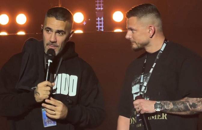 Beim Auftritt im Januar war die Welt noch in Ordnung: Doch beim Konzert am Donnerstag in Stuttgart lässt Bushido den Hobbyrapper Markus (rechts) abblitzen (Archivbild).<span class='image-autor'>Foto: TikTok @diimiiiii</span>