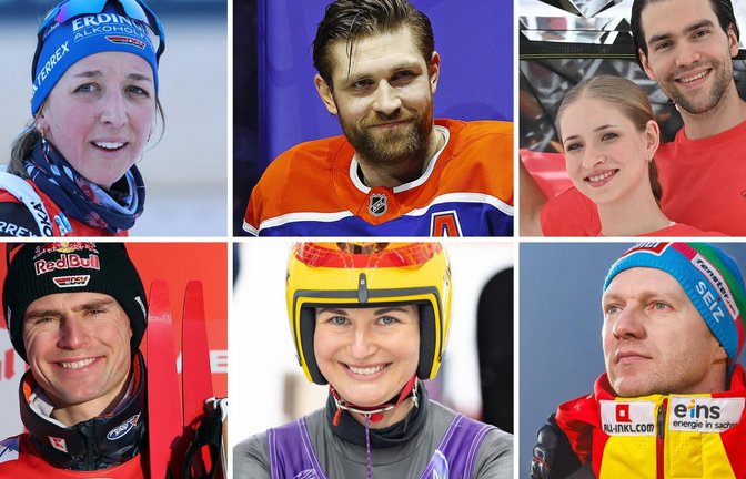 Auf Medaillenkurs: Franziska Preuß, Leon Draisaitl, Minerva Hase/Nikita Volodin (oben von links), Vinzenz Geiger, Julia Taubitz und Francesco Friedrich (unten von links) – weitere Infos gibt es in unserer Bildergalerie.<span class='image-autor'>Foto: Imago/Ulrich Wagner</span>