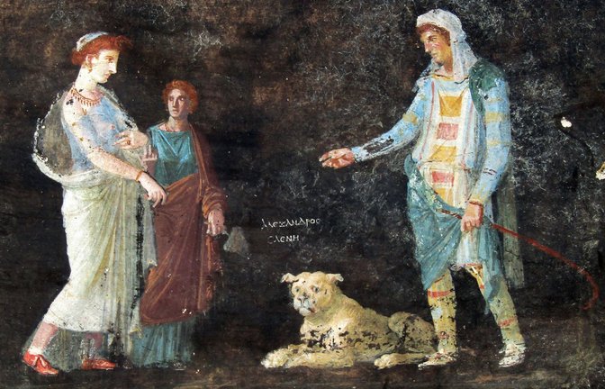 Eine Szene des neu entdeckten Freskos zeigt die griechische Königin Helena und den trojanischen Prinz Paris.<span class='image-autor'>Foto: Imago/Abacapress</span>