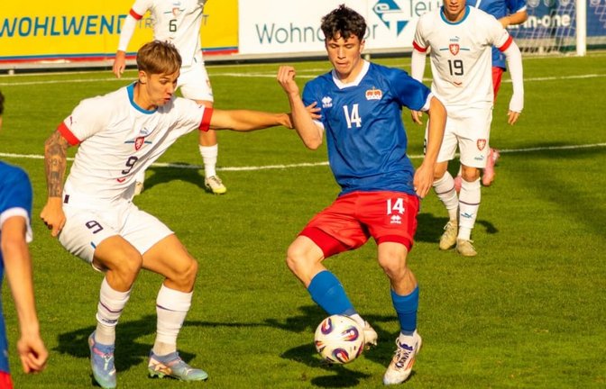 Bruno Poitner vom SV Fellbach (Nummer 14) hat zuletzt mit der A-Nationalmannschaft Liechtensteins in der Nations League Erfahrungen gesammelt.<span class='image-autor'>David Fischer</span>