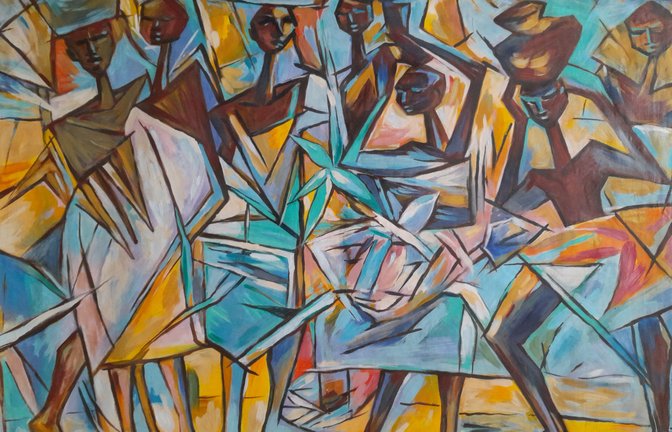 "Mehr als Tingatinga": Ab dem 21. Januar ist im Landratsamt eine Ausstellung unter dem Titel "Weltkunst aus Tansania" zu sehen. Der Enzkreis unterhält seit Jahren eine rege Partnerschaft mit der Stadt und dem Distrikt Masasi im Süden des afrikanischen Landes. (enz)   Bild: Raza Mohamed, Peasant Women, 2008,  98 cm x 124 cm, Acryl auf Leinwand  Foto: LE   