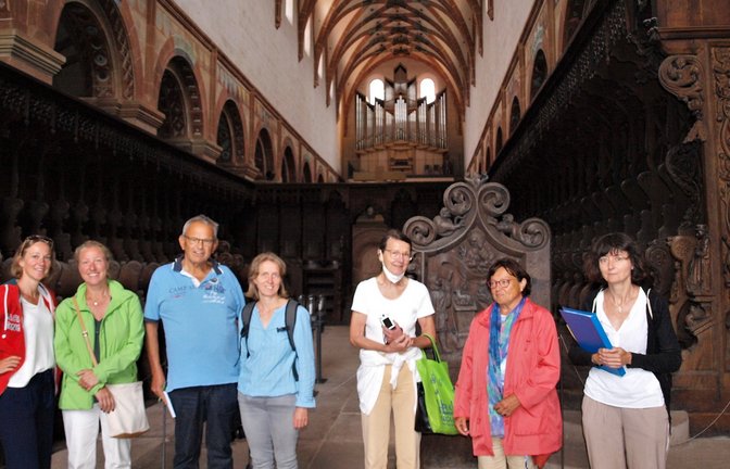 Den Teilnehmern hat die Führung in so kleiner Gruppe sehr gut gefallen. Sonja Hagenlocher (rechts) erklärte das Deckengewölbe, die Orgelempore und das Kirchengestühl.  <span class='image-autor'>Foto: Filitz</span>