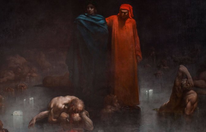 Der italienische Dichter Dante Alighieri und der antike römische Dichter Vergil betreten den neunten Kreis der Hölle (Gemälde des französischen Malers und Grafikers Gustav Doré, 1832-1883, von 1861.<span class='image-autor'>Foto: Imago/Andia</span>