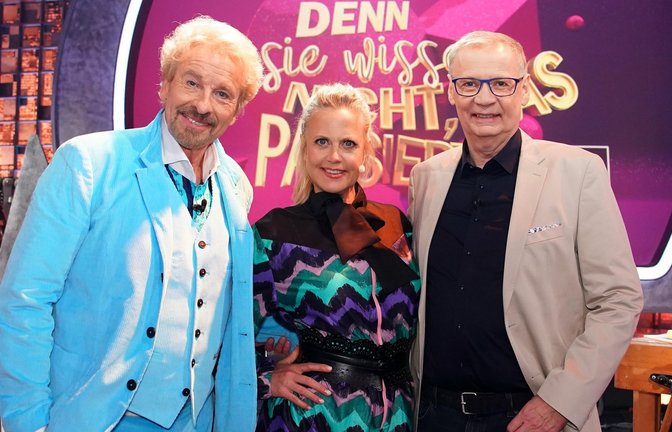Treten zum letzten Mal gemeinsam in der RTL-Show "Denn sie wissen nicht, was passiert" auf: Thomas Gottschalk, Barbara Schöneberger und Günther Jauch (v.l.n.r.).<span class='image-autor'>Foto: RTL / Stefan Gregorowius</span>