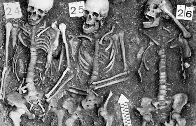 Gemeinschaftsgrab von Pestopfern auf dem Friedhof Sogn Pieder in Domat/Ems in der Schweiz. Die Bestattung wird mit einer Pestepidemie während des Dreißigjährigen Krieges um 1629 bis 1631 in Verbindung gebracht. Aus den Überresten von Individuum 24 konnte das vollständige Genom von Yersinia pestis rekonstruiert werden<span class='image-autor'>© Archaeological Service of the Canton of Grisons</span>