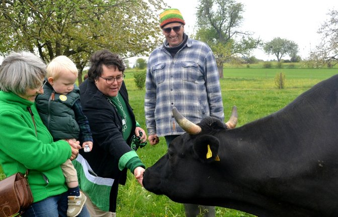 Vor der Grünen-Landtagsabgeordneten Stefanie Seemann mit Enkel Anton (von links), Regionalmanagerin Ursula Waters und Landwirt Jörg Blessing zeigte Kuh Jorgine keine Scheu. 