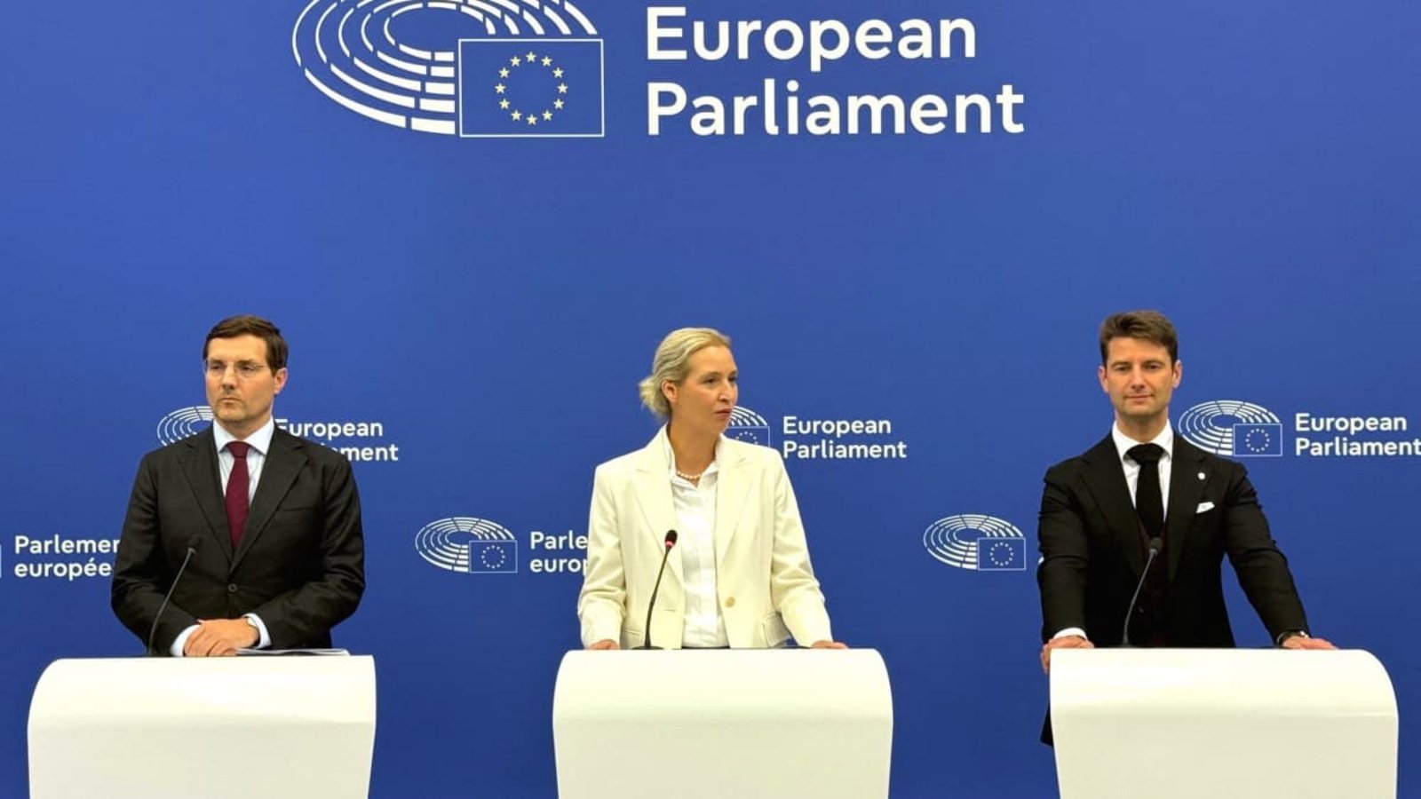 Alice Weidel (M,), Co-Bundesvorsitzende der AfD, und die AfD-Europa-Abgeordneten René Aust (r) und Alexander Sell während einer Pressekonferenz. Weidel hat in Straßburg für eine weitreichende Reform der Europäischen Union gefordert (Archivfoto).Ann-Krisitn Wenzel/dpa Alice Weidel (M,), Co-Bundesvorsitzende der AfD, und die AfD-Europa-Abgeordneten René Aust (r) und Alexander Sell während einer Pressekonferenz. Weidel hat in Straßburg für eine weitreichende Reform der Europäischen Union gefordert (Archivfoto).Ann-Krisitn Wenzel/dpa
