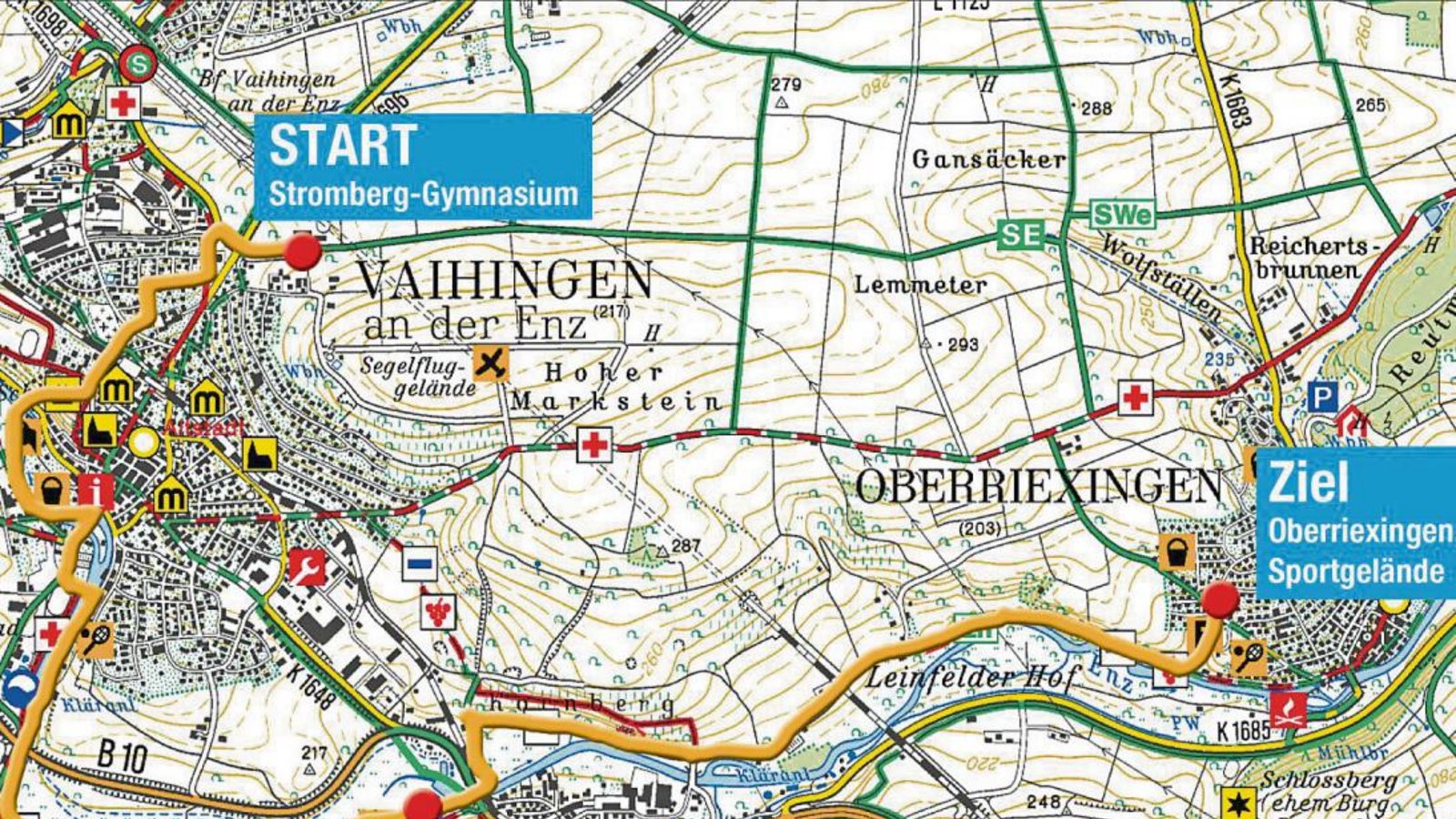 Die Wanderroute bei der S-VKZ-Tour vom Stromberg-Gymnasium zum Oberriexinger Sportplatz.