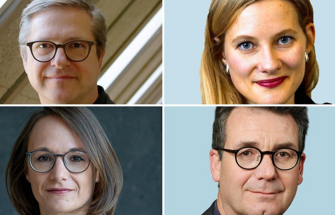 Kommunikationswissenschaftler Frank Brettschneider (links oben), Landespolitikredakteurin Annika Grah (links unten) und Landespolitikredakteur Reiner Ruf diskutieren nach der Landtagswahl miteinander. Moderiert wird von Eva-Maria Manz.<span class='image-autor'>Foto: Frank Brettschneider</span>