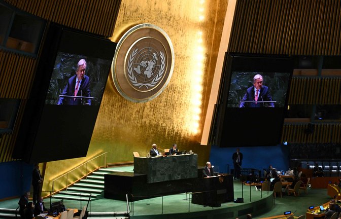 UN-Generalsekretär António Guterres bei seiner Rede vor der UN-Vollversammlung in New York.<span class='image-autor'>Foto: AFP/Angela Weiss</span>