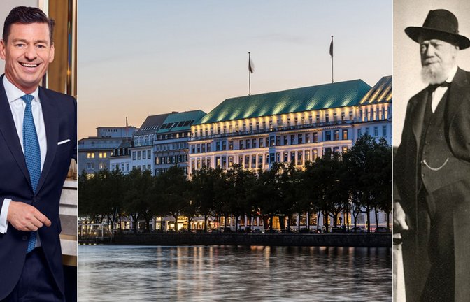 Direktor Ingo C. Peters leitet seit 1997 die Geschicke des Hotels an der Binnenalster, das 1897 von Fritz Haerlin aus Stuttgart-Gaisburg gegründet wurde (rechts mit Hut).<span class='image-autor'>Foto: Hotel Vier Jahreszeiten (3), /Bearbeitung: Theresa Schäfer</span>