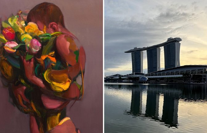 Zeigt die Galerie Thomas in Singapur (hier das Hotel Marina Bay Sands): Jongchul Kim, Figur mit Blumenstrauß, 2025<span class='image-autor'>Foto: Jongchul Kim/Galerie Thomas Fuchs/Imago</span>