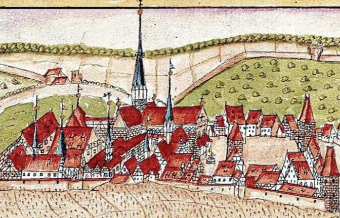 Die farbigen Ortsansichten von Kieser: hier das KLoster Maulbronn. Vorlage und Aufnahme: Hauptstaatsarchiv Stuttgart