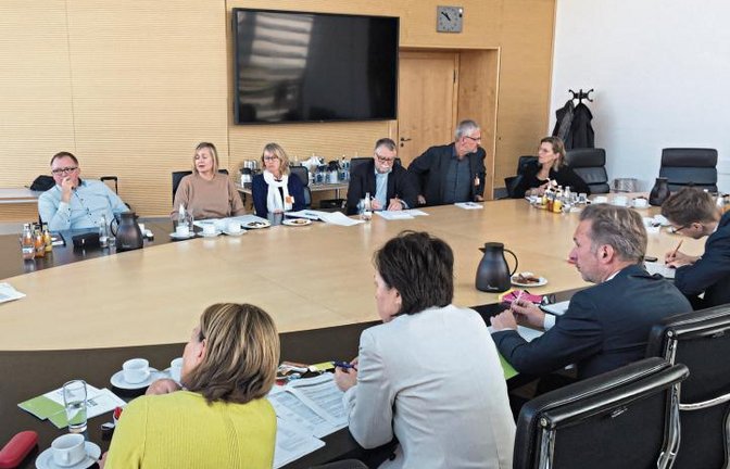 Im Jakob-Kaiser-Haus in Berlin haben Lebensweg-Gründerin Karin Eckstein (hinten, weißer Schal) und Mitstreiter ihre Einrichtungen vor Ministerienvertretern vorgestellt.  Foto: p