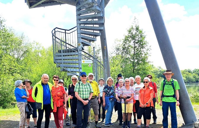 Die Enzweihinger Wandergruppe am Aussichtsturm in den Zugwiesen.  <span class='image-autor'>Foto: König</span>