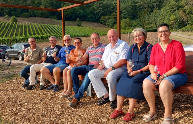Die Mitglieder des Vereins Weitblickweg Hohenhaslach stoßen mit dem Spender Martin Schmid (Dritter von rechts) auf der neuen Sitzbank am Weitblickweg in den Weinbergen Hohenhaslachs an.  <span class='image-autor'>Foto: Glemser</span>