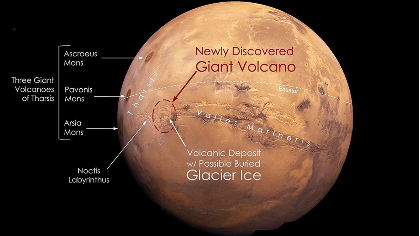 Neun Kilometer hoch und 450 Kilometer breit: Diese enormen Dimensionen hat der neu entdeckte Noctis-Vulkan auf dem Mars (rot eingekreist).Foto: © Pascal Lee/Sourabh Shubham/2024