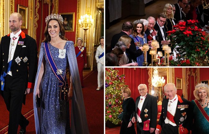 Prinzessin Kate und Prinz William auf dem Weg in den St. George-Saal (links), die festliche Tafel (oben) und Elke Büdenbender, Frank-Walter Steinmeier, König Charles III. und Königin Camilla.<span class='image-autor'>Foto: Aaron Chown/PA Wire/dpa</span>