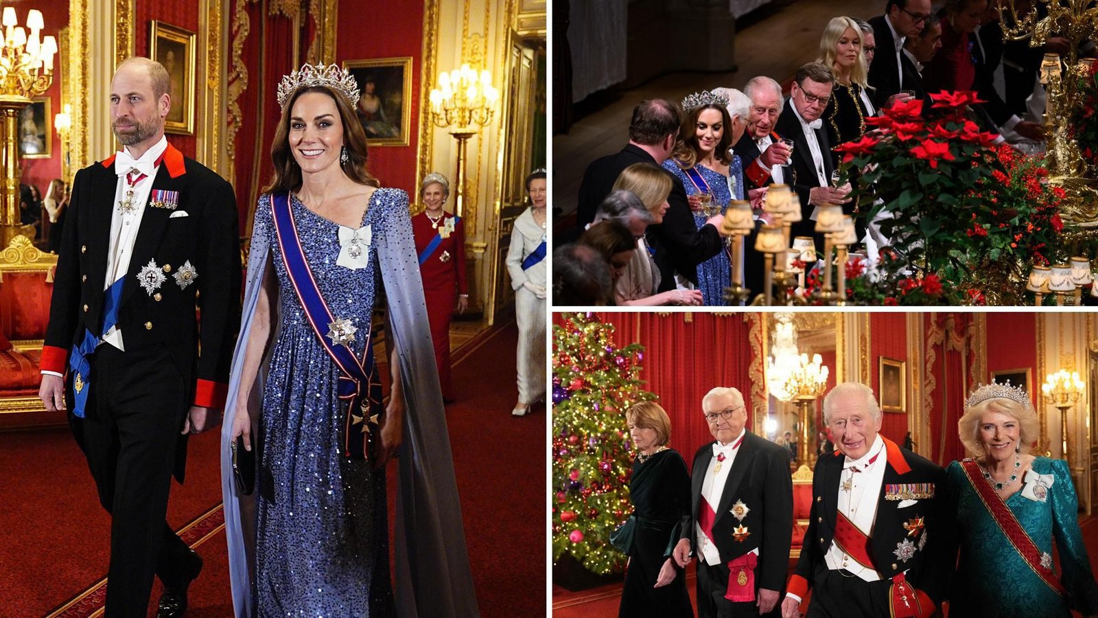 Prinzessin Kate und Prinz William auf dem Weg in den St. George-Saal (links), die festliche Tafel (oben) und Elke Büdenbender, Frank-Walter Steinmeier, König Charles III. und Königin Camilla.Foto: Aaron Chown/PA Wire/dpa Prinzessin Kate und Prinz William auf dem Weg in den St. George-Saal (links), die festliche Tafel (oben) und Elke Büdenbender, Frank-Walter Steinmeier, König Charles III. und Königin Camilla.Foto: Aaron Chown/PA Wire/dpa