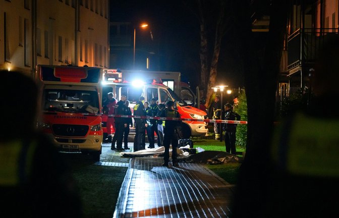 Polizisten, Ermittler und Rettungskräfte stehen am Tatort neben zwei abgedeckten Leichen.<span class='image-autor'>Foto: Jonas Walzberg/dpa</span>