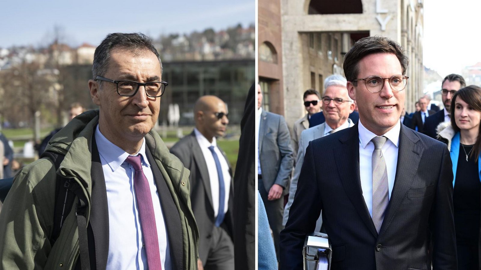 Cem Özdemir und Manuel Hagel in den vergangenen Wochen auf dem Weg zu Sondierungsgesprächen. Nach Ostern soll es weitergehen.Foto: Marijan Murat/dpa
