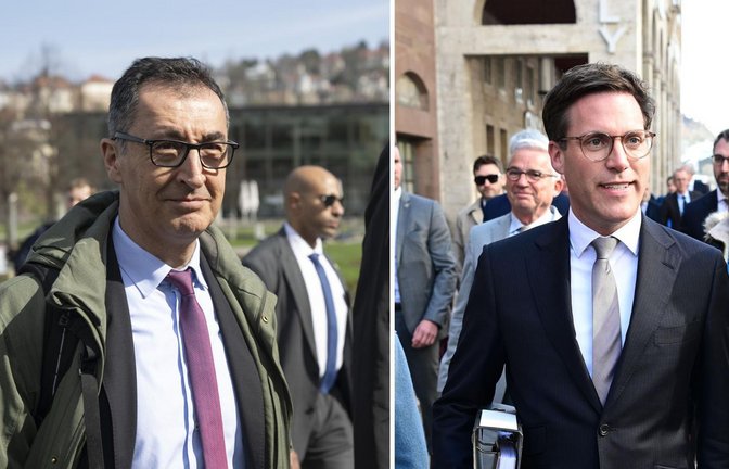 Cem Özdemir und Manuel Hagel in den vergangenen Wochen auf dem Weg zu Sondierungsgesprächen. Nach Ostern soll es weitergehen.<span class='image-autor'>Foto: Marijan Murat/dpa</span>