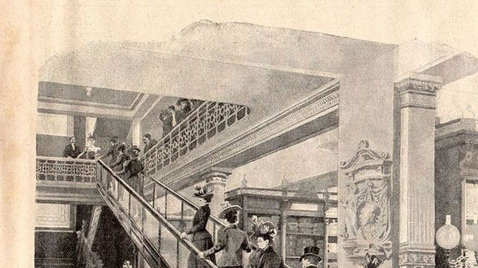 Eine baugleiche Stufenbahn wurde auf der Berliner Gewerbeausstellung 1896  betrieben .1898 ging ein  „schräger Aufzug“ kurz vor Weihnachten 1898 im Kaufhaus Polich in Leipzig in Betrieb.Foto: Wikipedia commons/August Polich