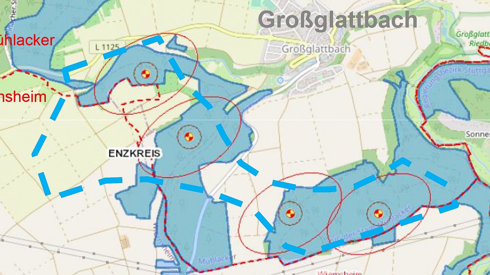 Auf einer Karte des Stadtwerke-Verbunds Kommunal-Partner, der gemeinsam mit den Stadtwerken Mühlacker das Projekt vorantreiben soll, sind die potenziellen Standorte für die vier Windanlagen im Gemeindewald bei Großglattbach vermerkt.  Foto: p Auf einer Karte des Stadtwerke-Verbunds Kommunal-Partner, der gemeinsam mit den Stadtwerken Mühlacker das Projekt vorantreiben soll, sind die potenziellen Standorte für die vier Windanlagen im Gemeindewald bei Großglattbach vermerkt.  Foto: p