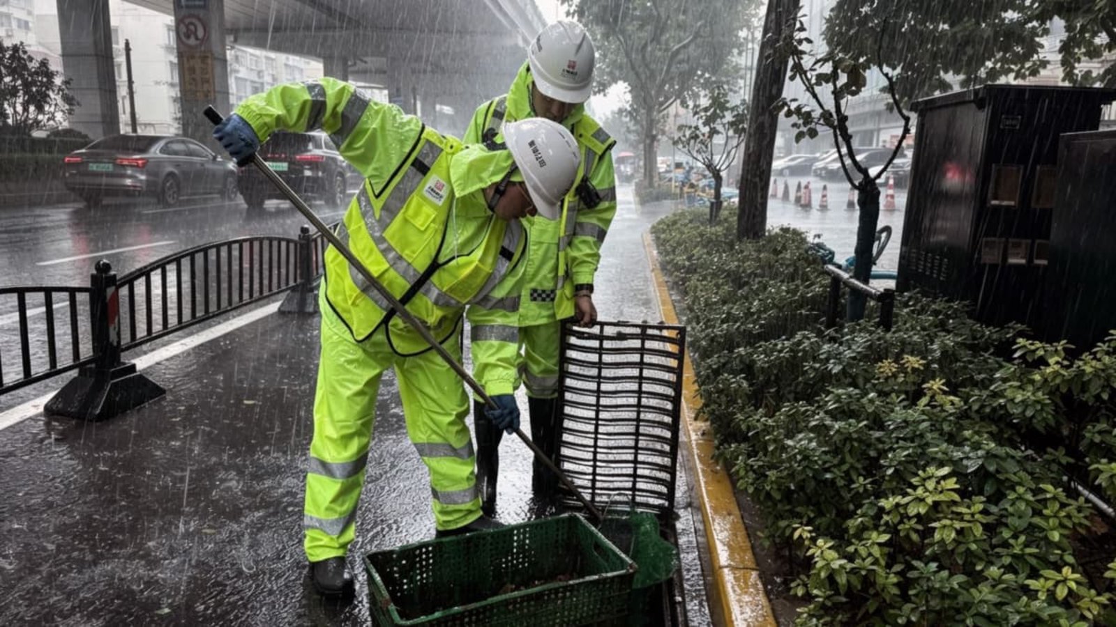 Arbeiter reinigen einen Abflussrost auf einer Straße im Bezirk Xuhui. Shanghai wurde am Sonntag von starken Winden und Regenfällen heimgesucht, als sich der Taifun „Dolphin“ näherte; die Auswirkungen des Taifuns werden voraussichtlich bis zum 11. August andauern.Wei Qingfeng/XinHua/dpa Arbeiter reinigen einen Abflussrost auf einer Straße im Bezirk Xuhui. Shanghai wurde am Sonntag von starken Winden und Regenfällen heimgesucht, als sich der Taifun „Dolphin“ näherte; die Auswirkungen des Taifuns werden voraussichtlich bis zum 11. August andauern.Wei Qingfeng/XinHua/dpa