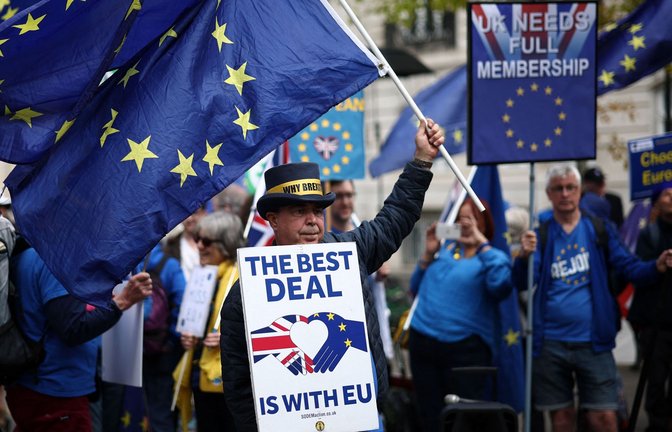 Viele Briten bereuen inzwischen den Brexit. Einige protestierten bei dem Gipfel für einen erneuten Beitritt. Der ist allerdings sehr unwahrscheinlich.<span class='image-autor'>Foto: HENRY NICHOLLS/AFP</span>