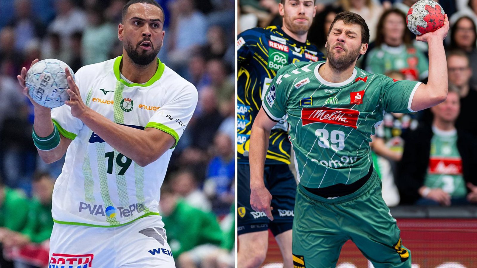 Philipp Ahouansou (li.) spielt bei der HSG Wetzlar, Malte Donker bei GWD Minden.Foto: IMAGO/Maximilian Koch