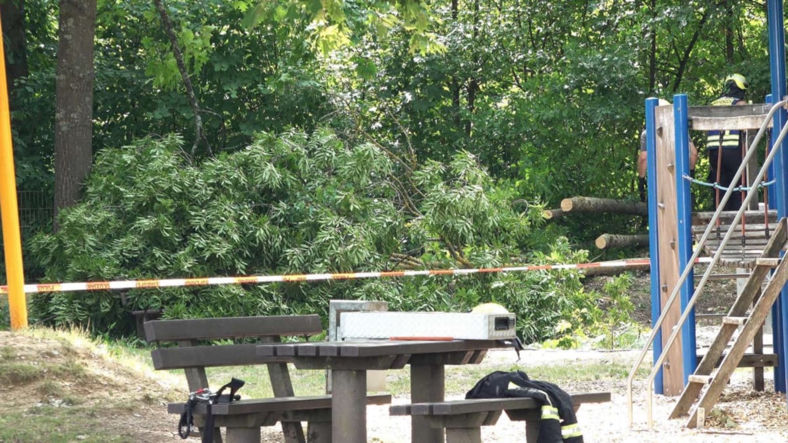 Ein Baum droht auf einen Spielplatz zu stürzen - die Feuerwehr rückt mit Motorsägen an und sichert den Platz.Blaulichtzentrale/Lermer