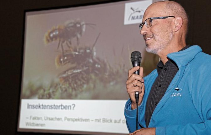 Biologe Martin Klatt referiert in der Nussdorfer Halle über das Insektensterben. Foto: Bögel