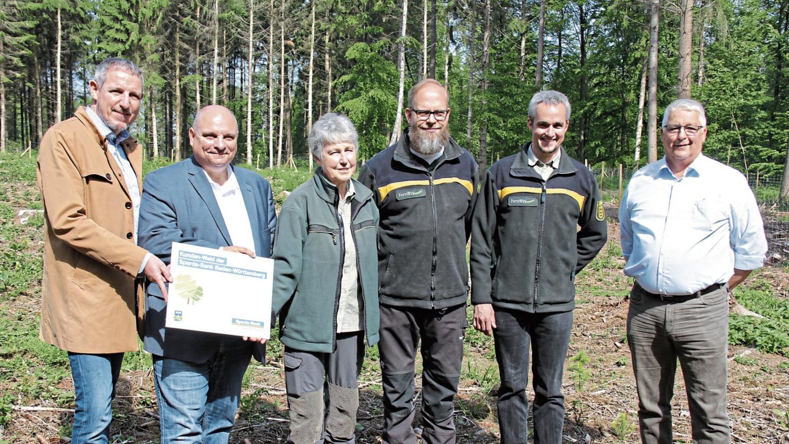 Mit der Spende der Sparda-Bank, vertreten durch den Ludwigsburger Filialleiter Michael Bley (von links), konnten auf der ehemals vom Borkenkäfer befallenen Fläche im Sersheimer Wald die 3500 jungen Bäume gepflanzt werden. Sehr zur Freude von Bürgermeister Jürgen Scholz, Forstamtsleiterin Gundula Gmelin, Revierförster Hartmut Flunkert, dem stellvertretenden Forstamtsleiter Dr. Michael Nill und dem SDW-Kreisvorsitzenden Peter Schäfer.  Foto: Banholzer