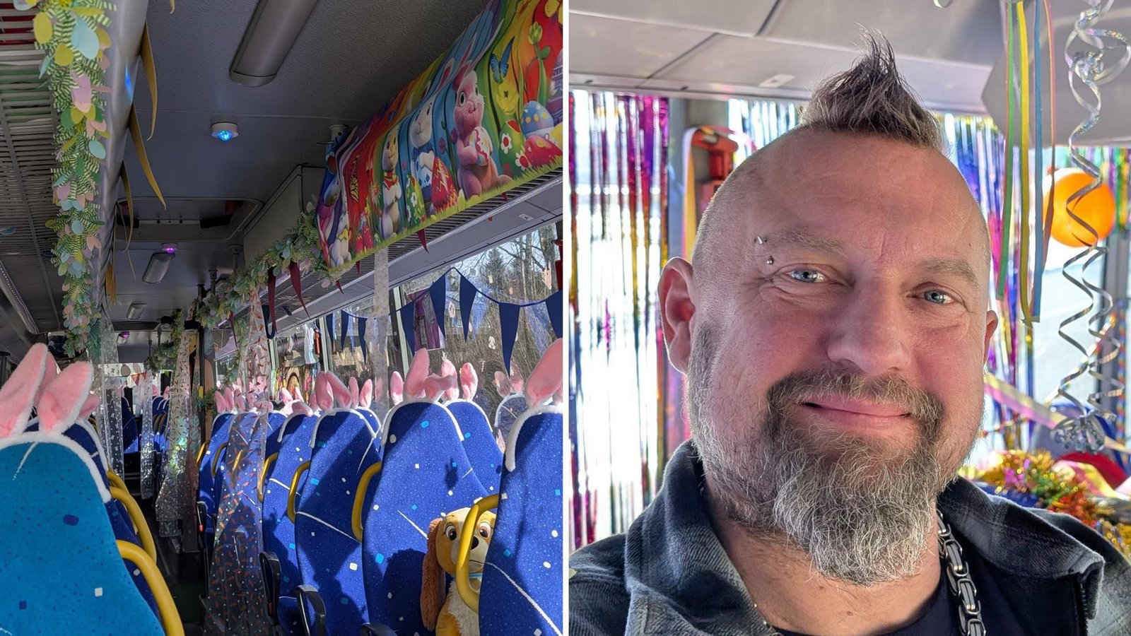 Zu Ostern verwandelt Busfahrer „Borsti“ seinen Schulbus in einen Osterbus.Foto: Privat Zu Ostern verwandelt Busfahrer „Borsti“ seinen Schulbus in einen Osterbus.Foto: Privat