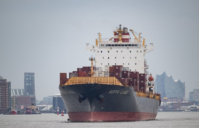Ein Frachtschiff fährt durch den Hamburger Hafen.<span class='image-autor'>Foto: Daniel Reinhardt/dpa</span>